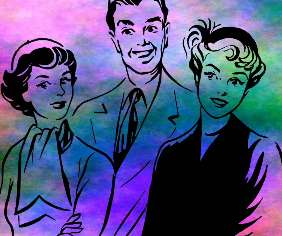 Relacionamento aberto- imagem de um homem e duas mulheres.